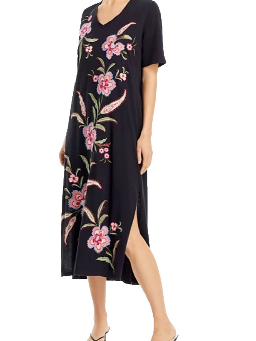 Johnny Was Libbi Trapunto Midi Tee Dress Black Floral Embroidered V-Neck XL